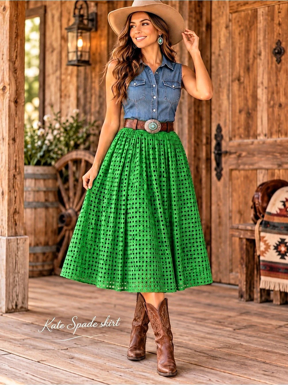 Kate Spade Green Eyelet Midi Skirt Western Chic Statement Skirt  XL NWT